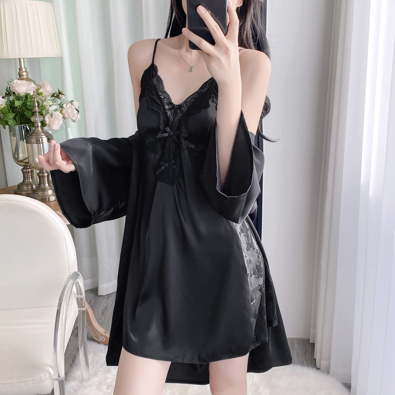 2PCS V-Neck Bathrobe Suit Wome - огляд і ціна Robe Silk Women