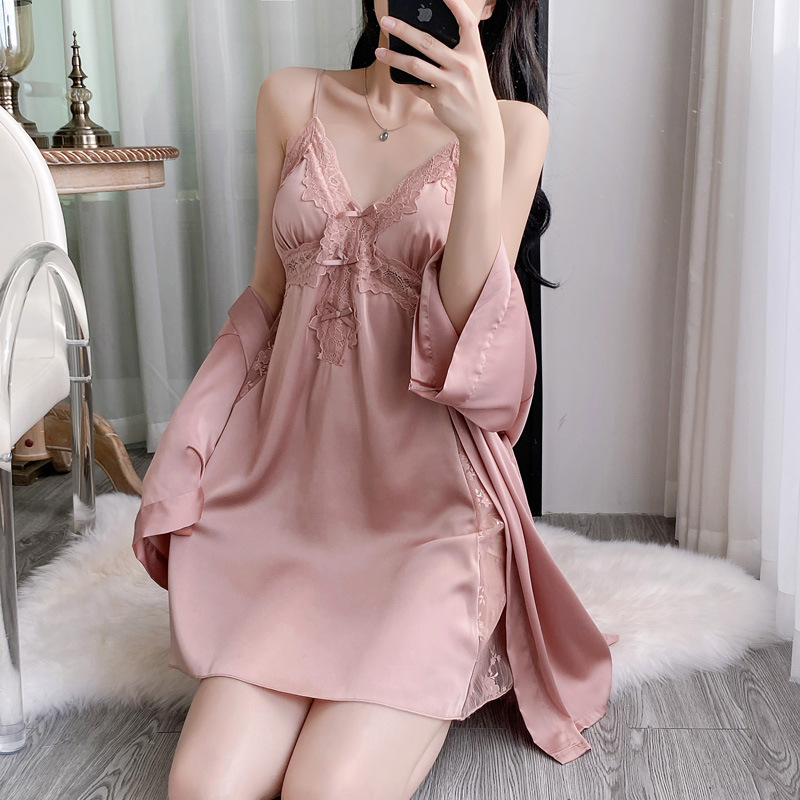 2PCS V-Neck Bathrobe Suit Wome - огляд і ціна Robe Silk Women